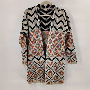 Debut Small Aztec Open Front Cardigan Sweater Black Multicolor